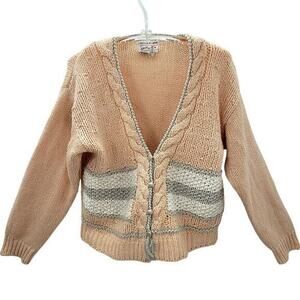 Licorice Vintage Peach Cream Striped Cable Knit V neck Cardigan Sweater‎ Jacket